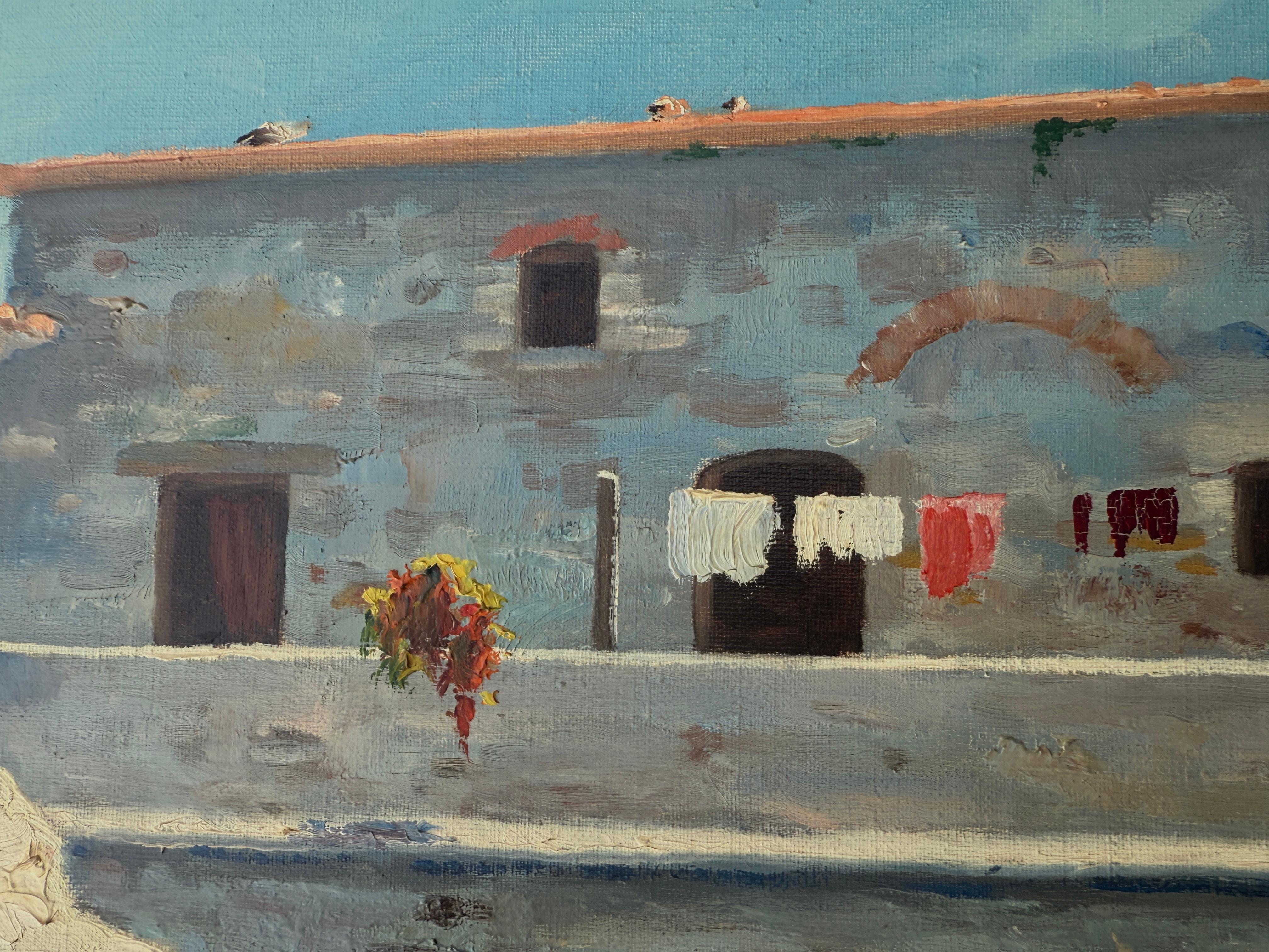 Autor: Pedro Roldán Molina (Rute, Córdoba, 1954)
Titel: Mediterranes Bauernhaus mit Brunnen

Datum: ca. 1970-1985
Medium: Öl auf Leinwand
Abmessungen: 73 × 92 cm - 28,7 × 36,2 in (ungerahmt)
Aufhängung: Original Leinwand auf Keilrahmen,