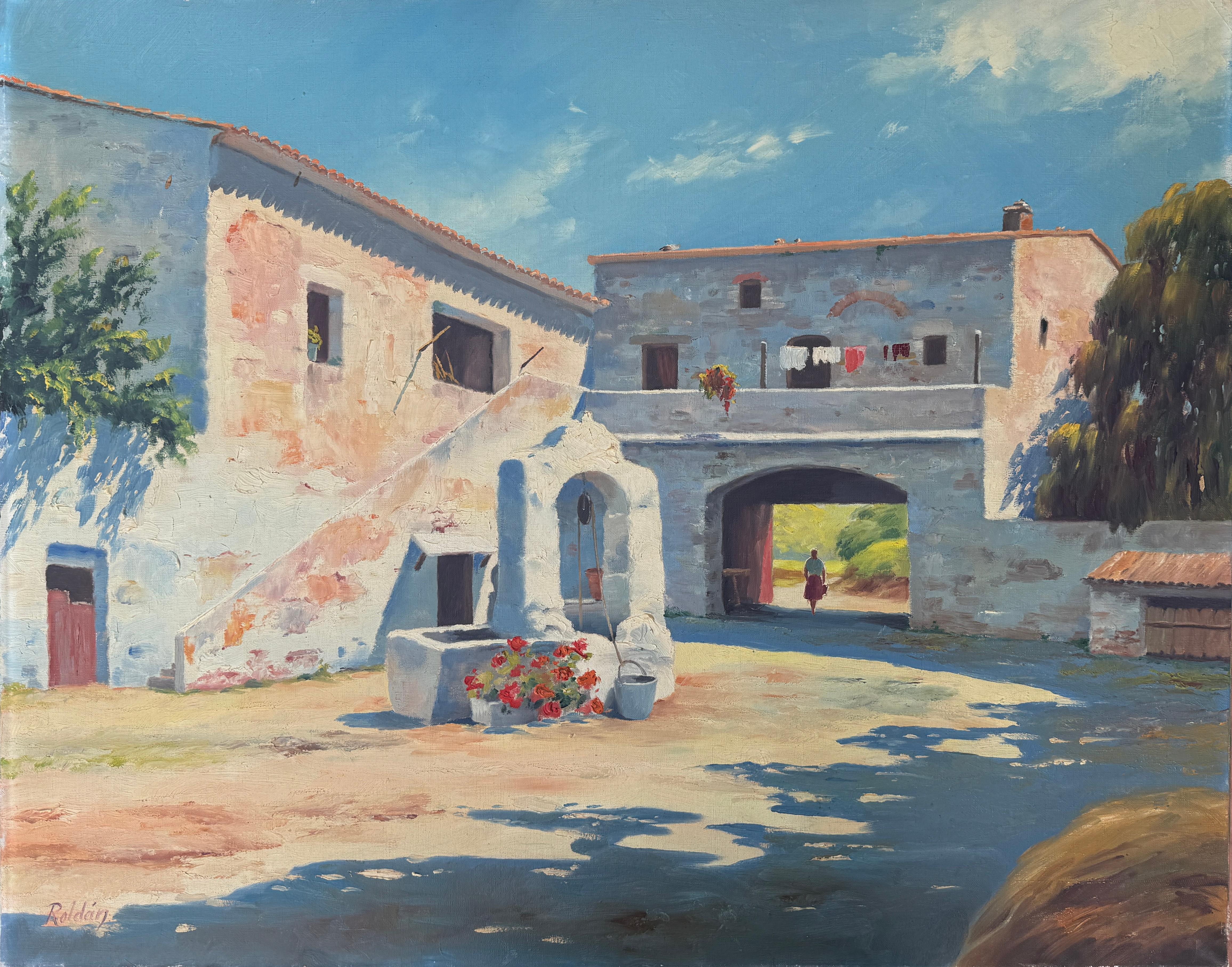 Pedro Roldán Molina Landscape Painting – Mediterranes Bauernhaus mit Brunnen Öl auf Leinwand Gemälde Spanien