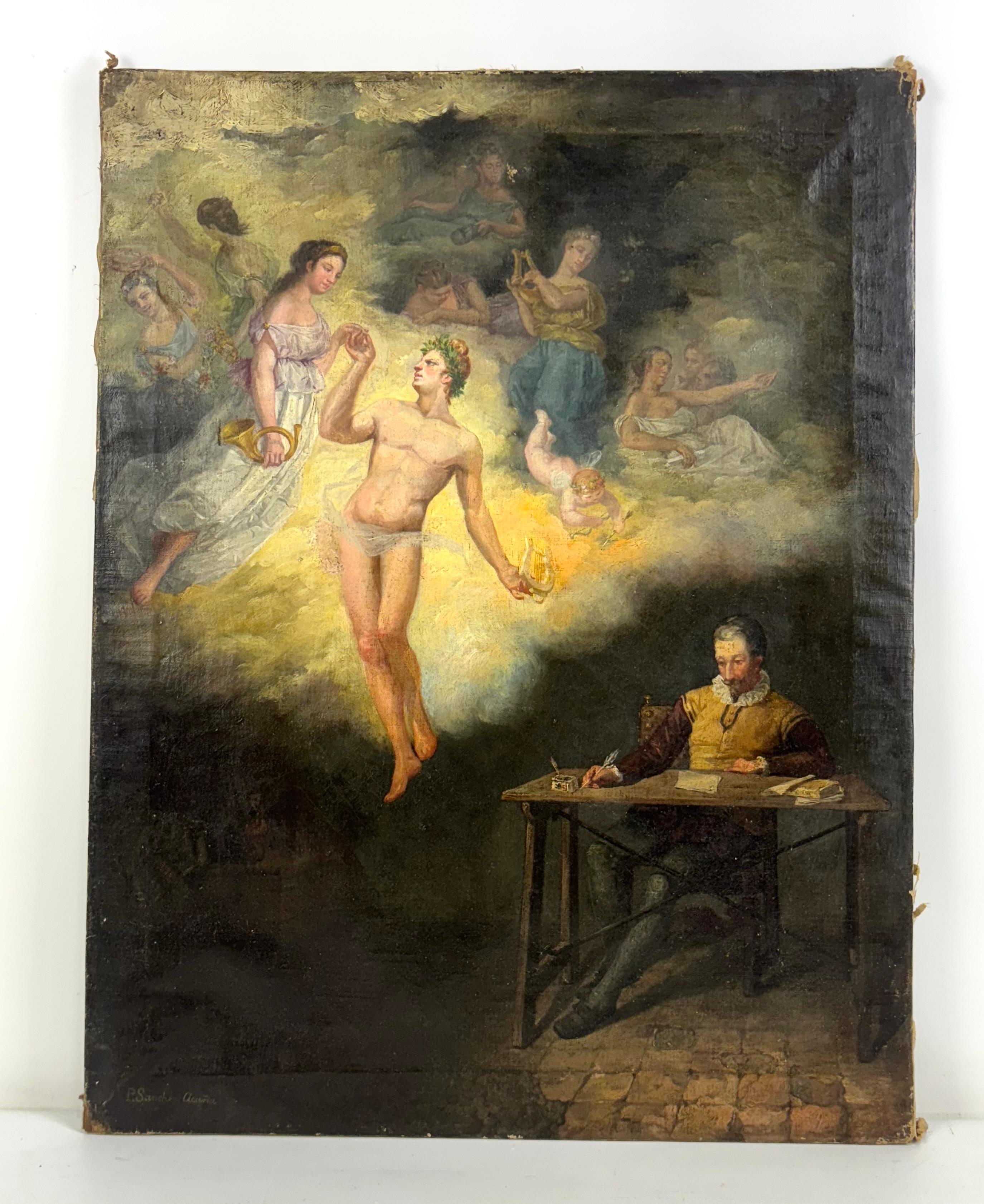 Cervantes en el momento de empezar a escribir el Quijote - Óleo sobre lienzo - Painting by Pedro Sanchez Acuña (XIX)
