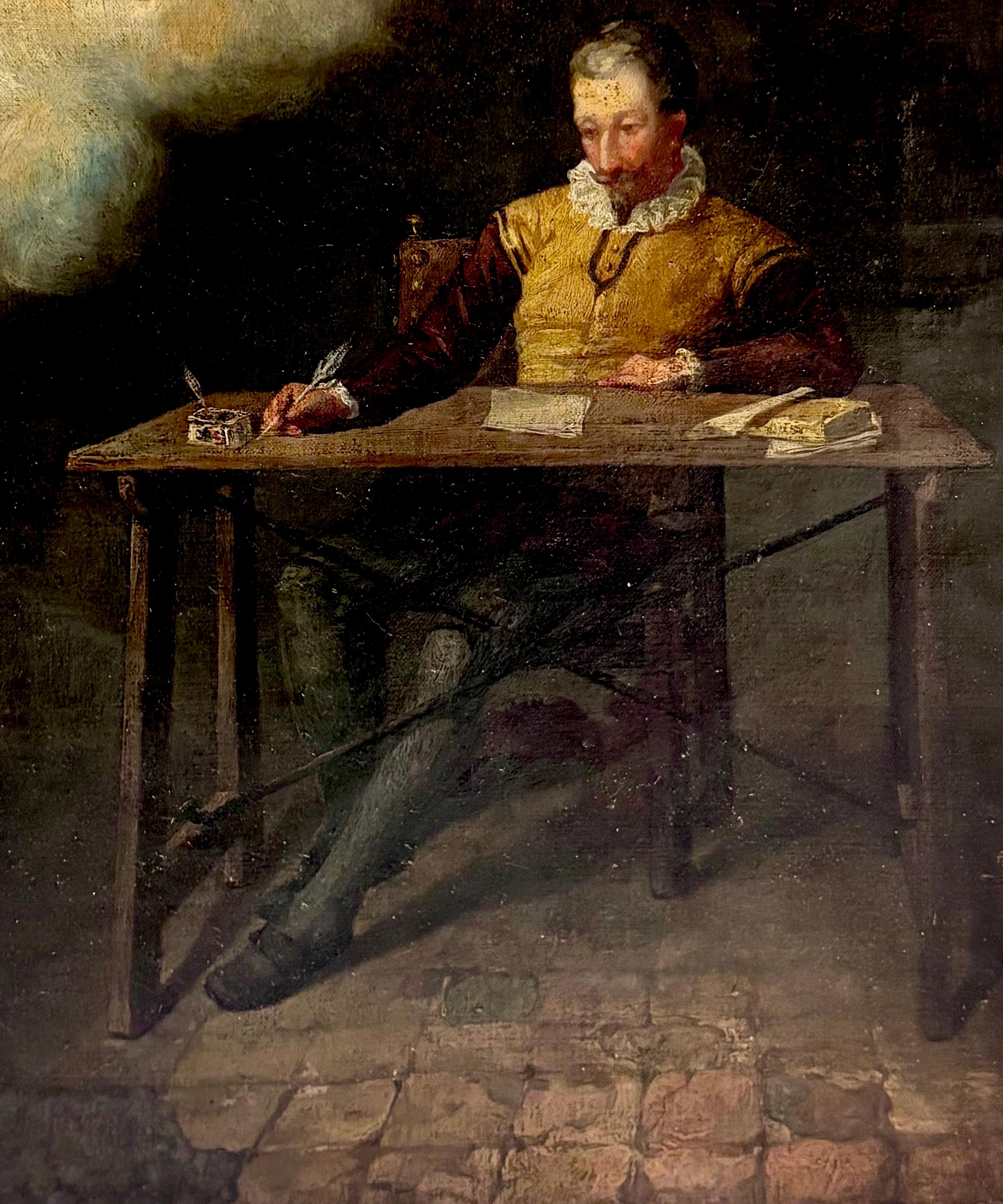 Cervantes en el momento de empezar a escribir el Quijote - Óleo sobre lienzo For Sale 4