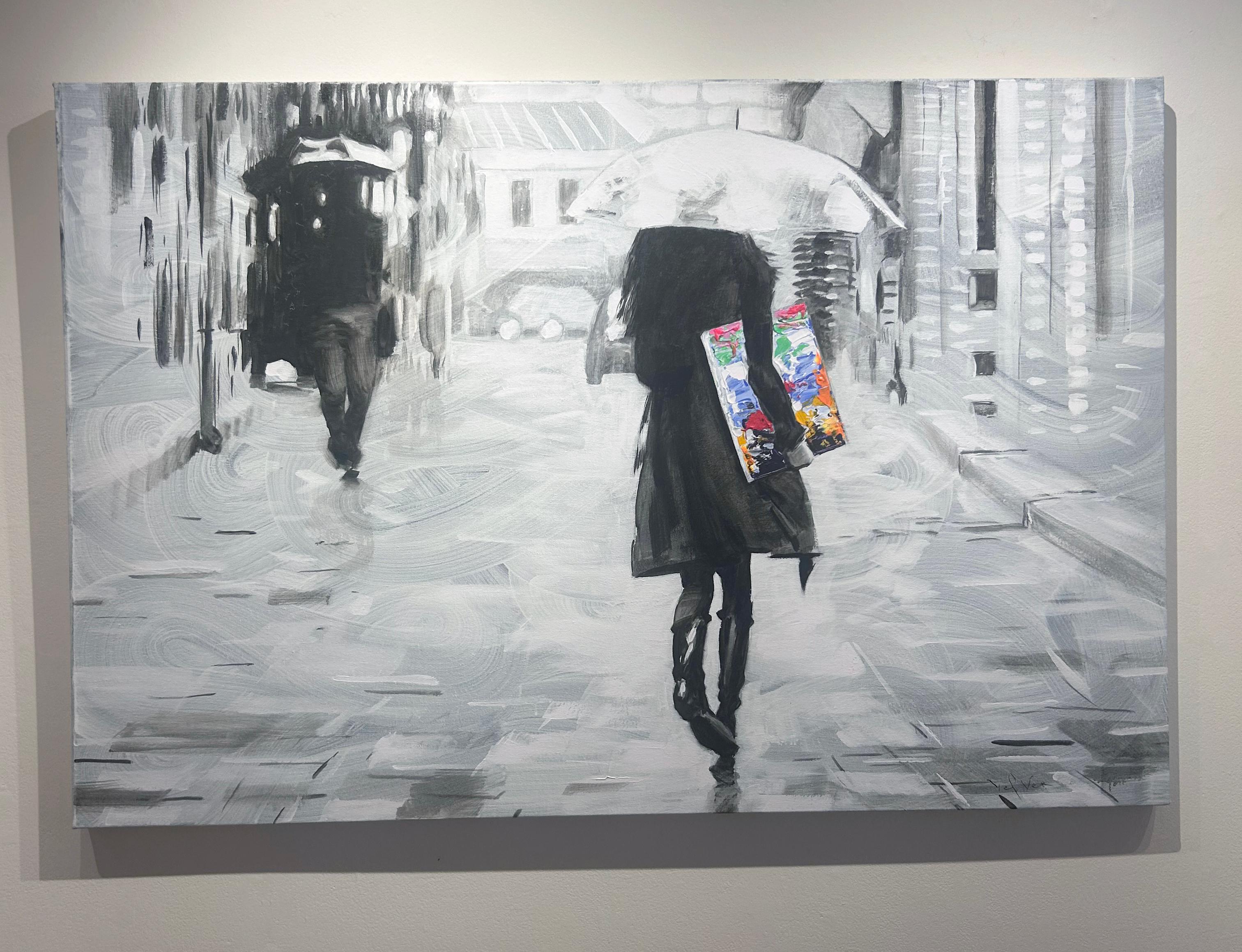 Pedro Velver, Caught in the Rain, peinture figurative de paysage urbain sur toile 39x58 en vente 1