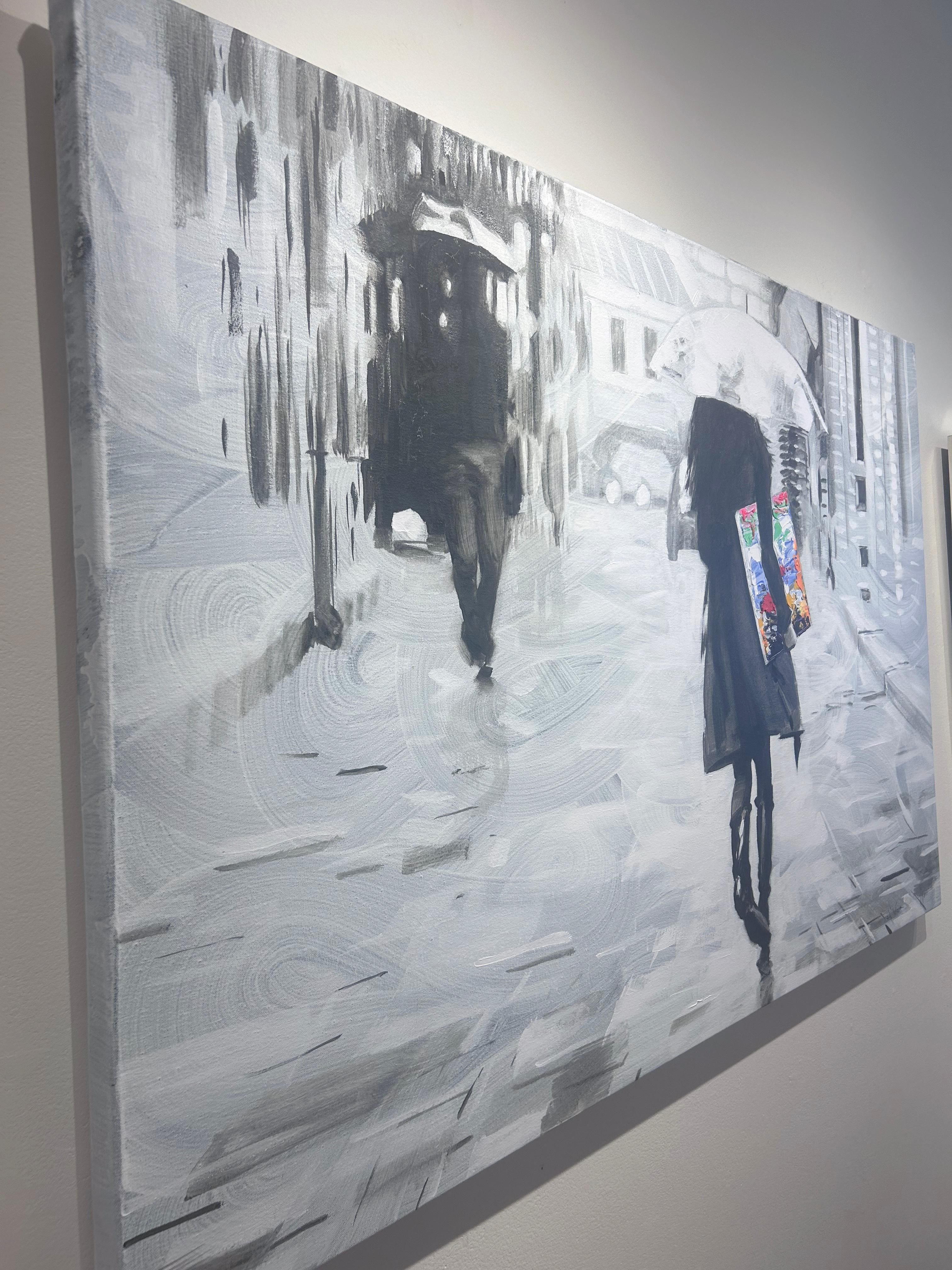 Pedro Velver, Caught in the Rain, peinture figurative de paysage urbain sur toile 39x58 en vente 3