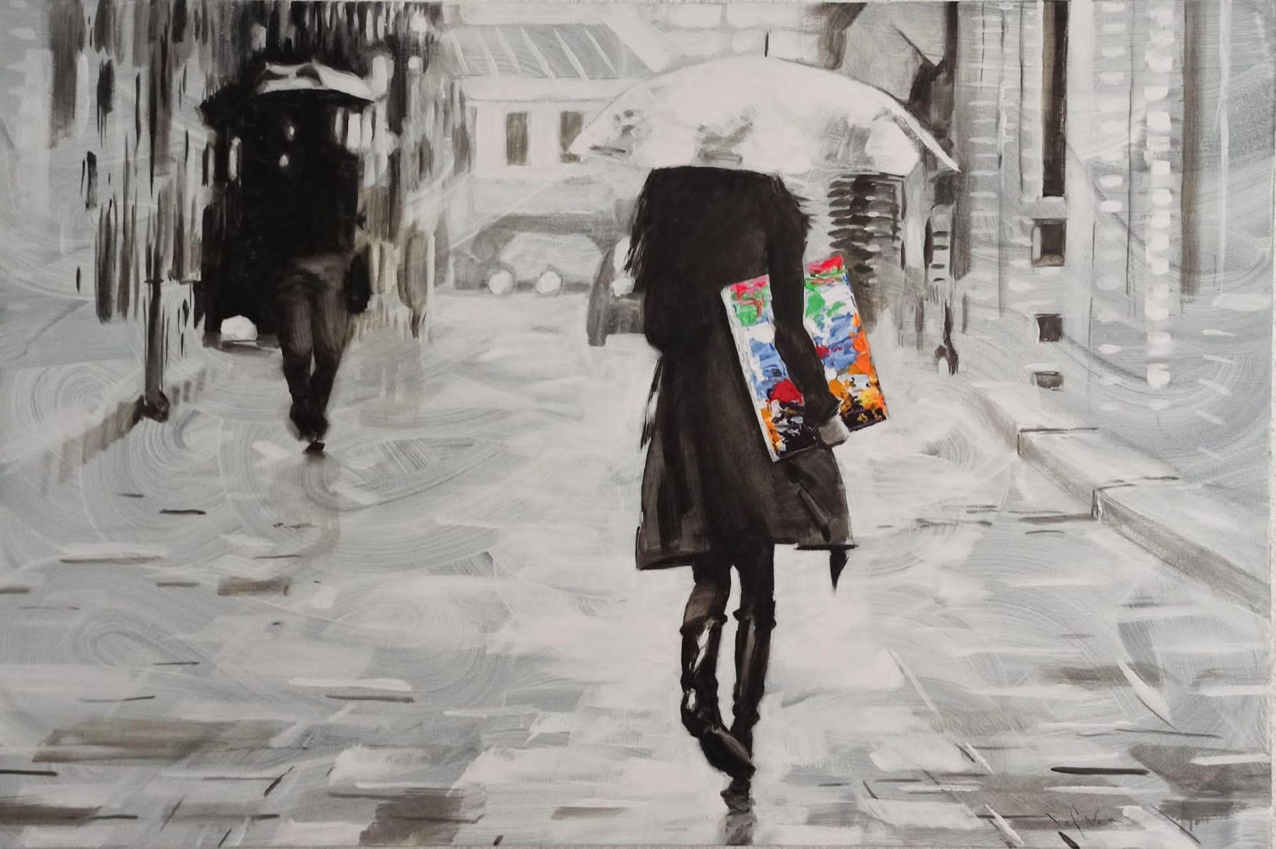 "Caught in the Rain" 39x58 is an oil painting on canvas by artist Pedro Velver. Featured in a feminine figure obscured under an umbrella. In her arm she carries a bright abstract painting in thick paint and vibrant colors. The entirety of the