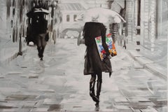 Pedro Velver, Caught in the Rain, peinture figurative de paysage urbain sur toile 39x58