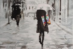 Pedro Velver, "Caught in the Rain" 39x58 Figurative Cityscape Painting on Canvas