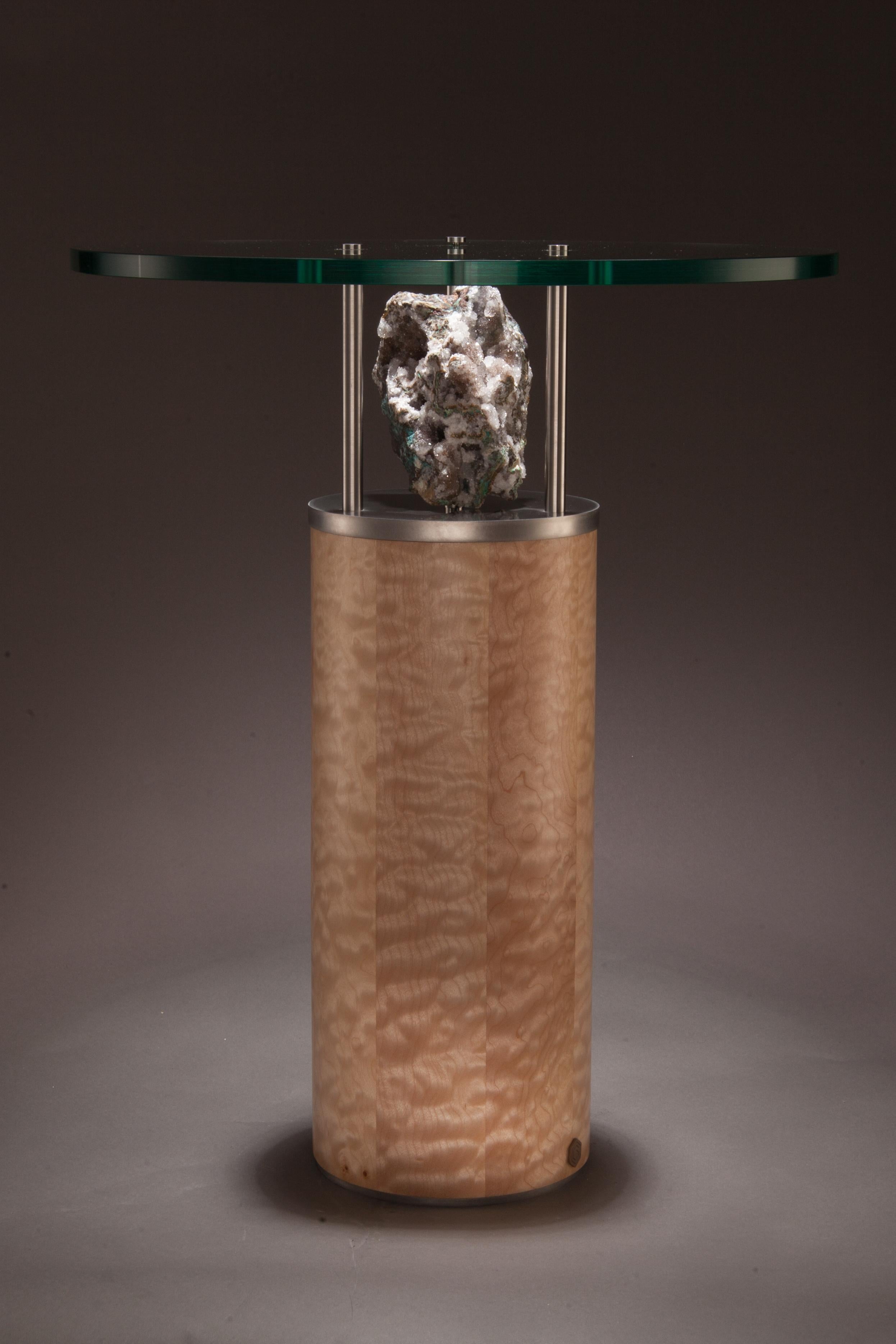 Maple end table with quartz under a glass top with satin finish stainless steel mounts and trim.