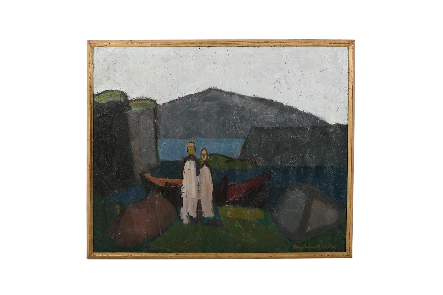Peer Lorentz Dahl (1915-2005). Sealandscape with persons. Öl auf Leinwand 1950er-1960er Jahre. Unterzeichnet: Peer Lorentz Dahl. Original  umrahmt. Norwegischer Künstler.
Provenienz: Danske Bank Dänemark