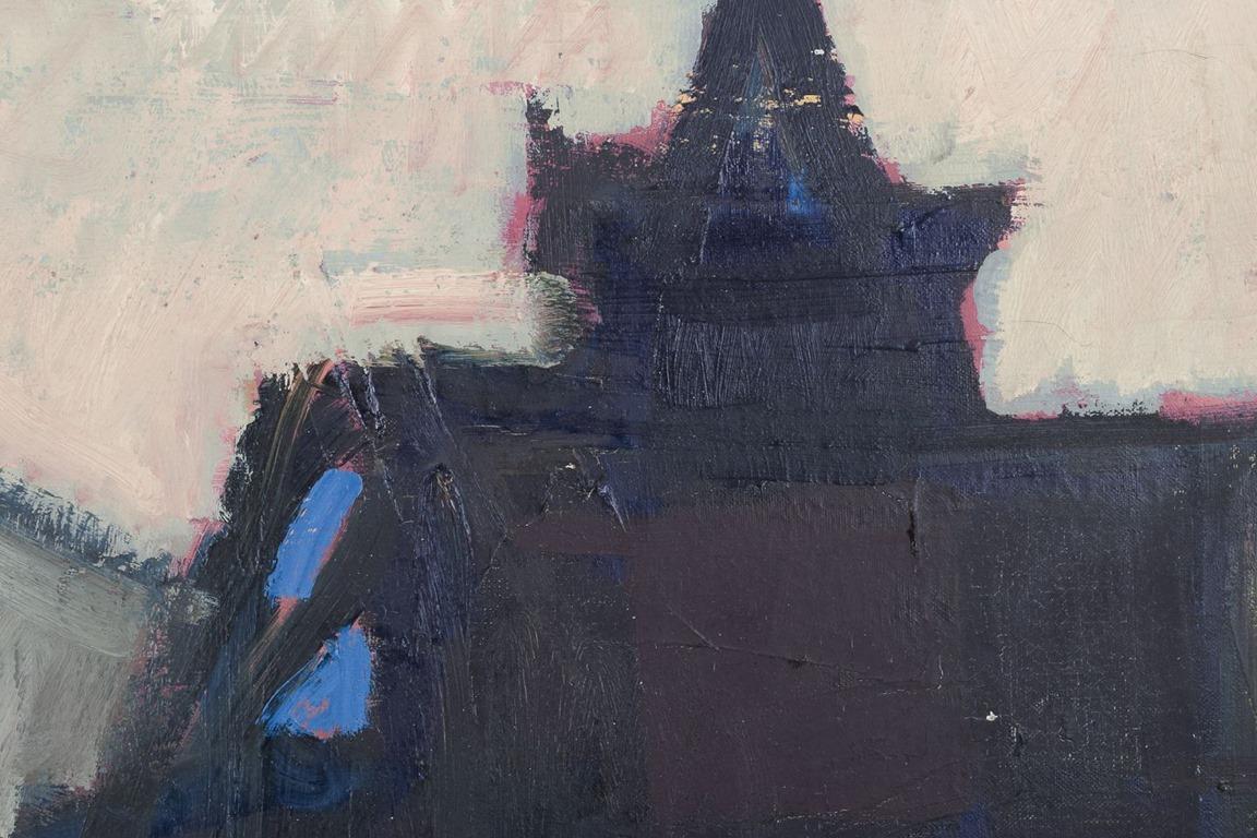 Peer Lorentz Dahl, norwegisch-dänischer Künstler. Öl auf Leinwand. Blick auf eine Kirche. (Moderne) im Angebot