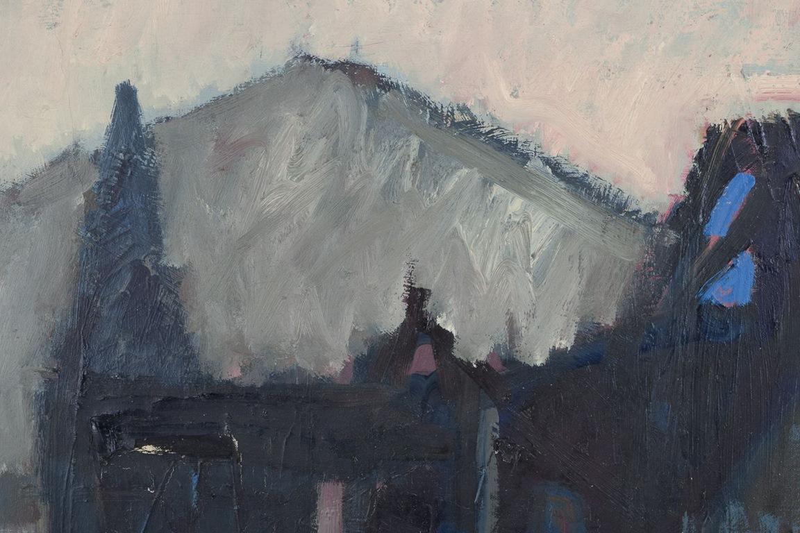 Peer Lorentz Dahl, norwegisch-dänischer Künstler. Öl auf Leinwand. Blick auf eine Kirche. (Norwegisch) im Angebot