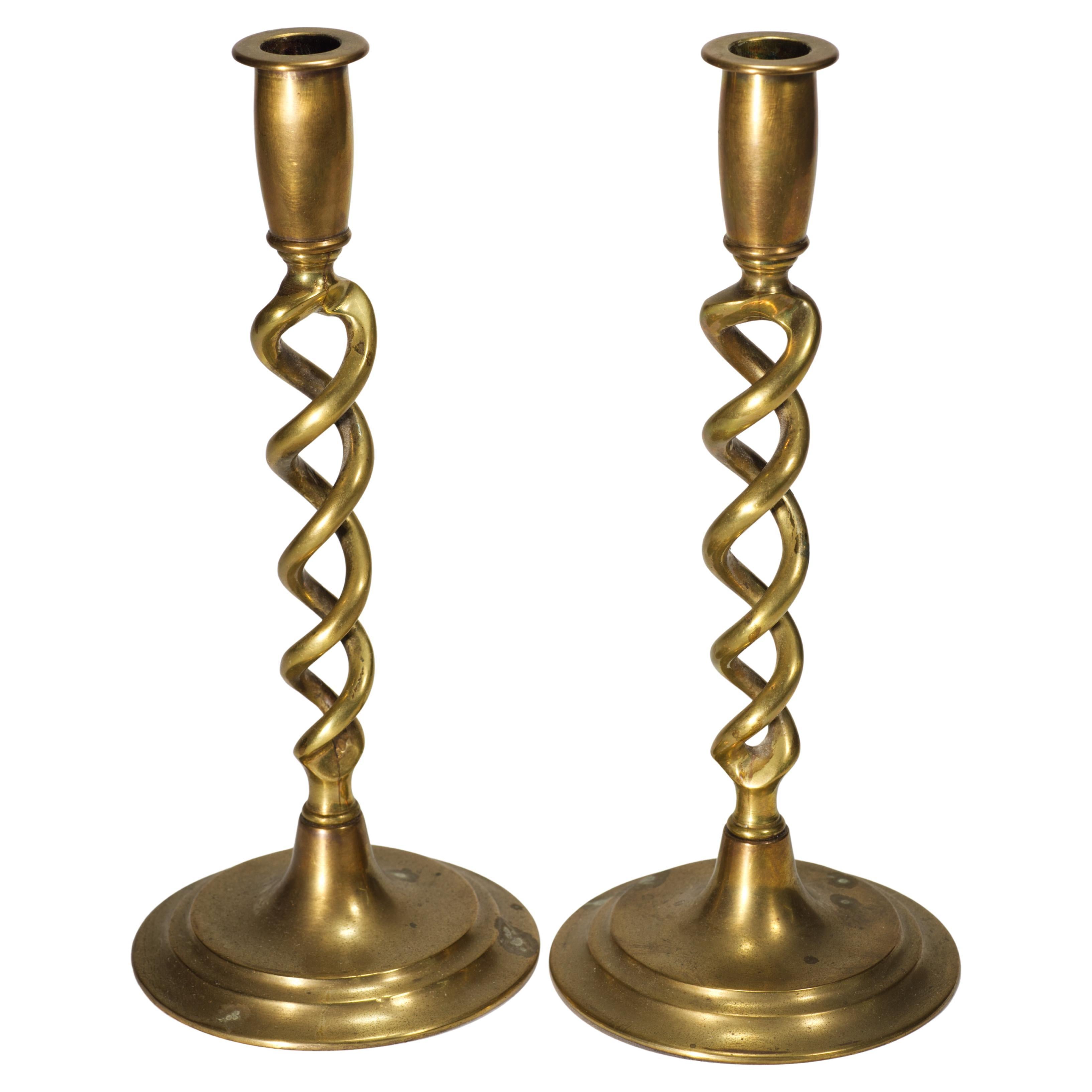 Peerage Pair of Vintage Brass Barley Twist Candlesticks, England 1920s-1930s