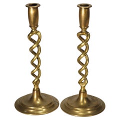 Peerage Pair of Antique Brass Barley Twist Candlesticks, England 1920s-1930s