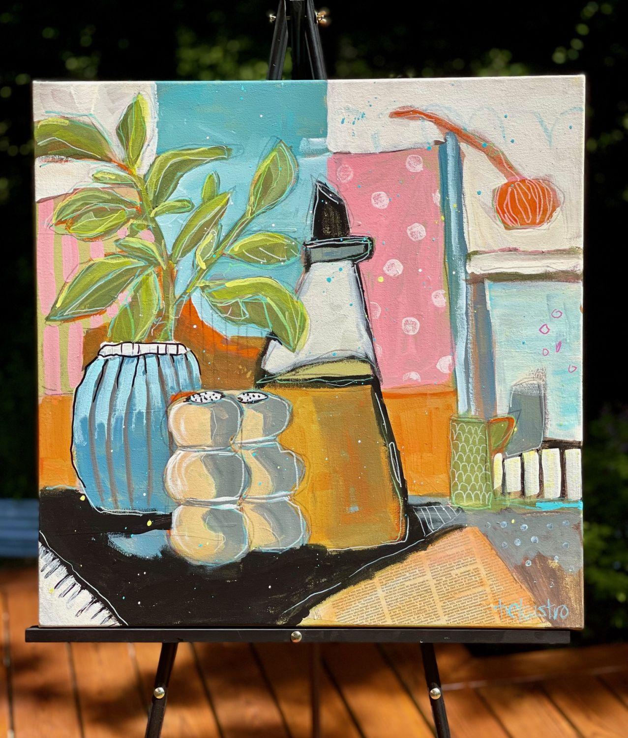 <p>Commentaires de l'artiste<br />Un plant de basilic, une bouteille d'huile d'olive, une salière et une poivrière constituent un début prometteur pour un bon plat de pâtes. En utilisant une palette limitée, l'artiste Peg Belcastro a réalisé une