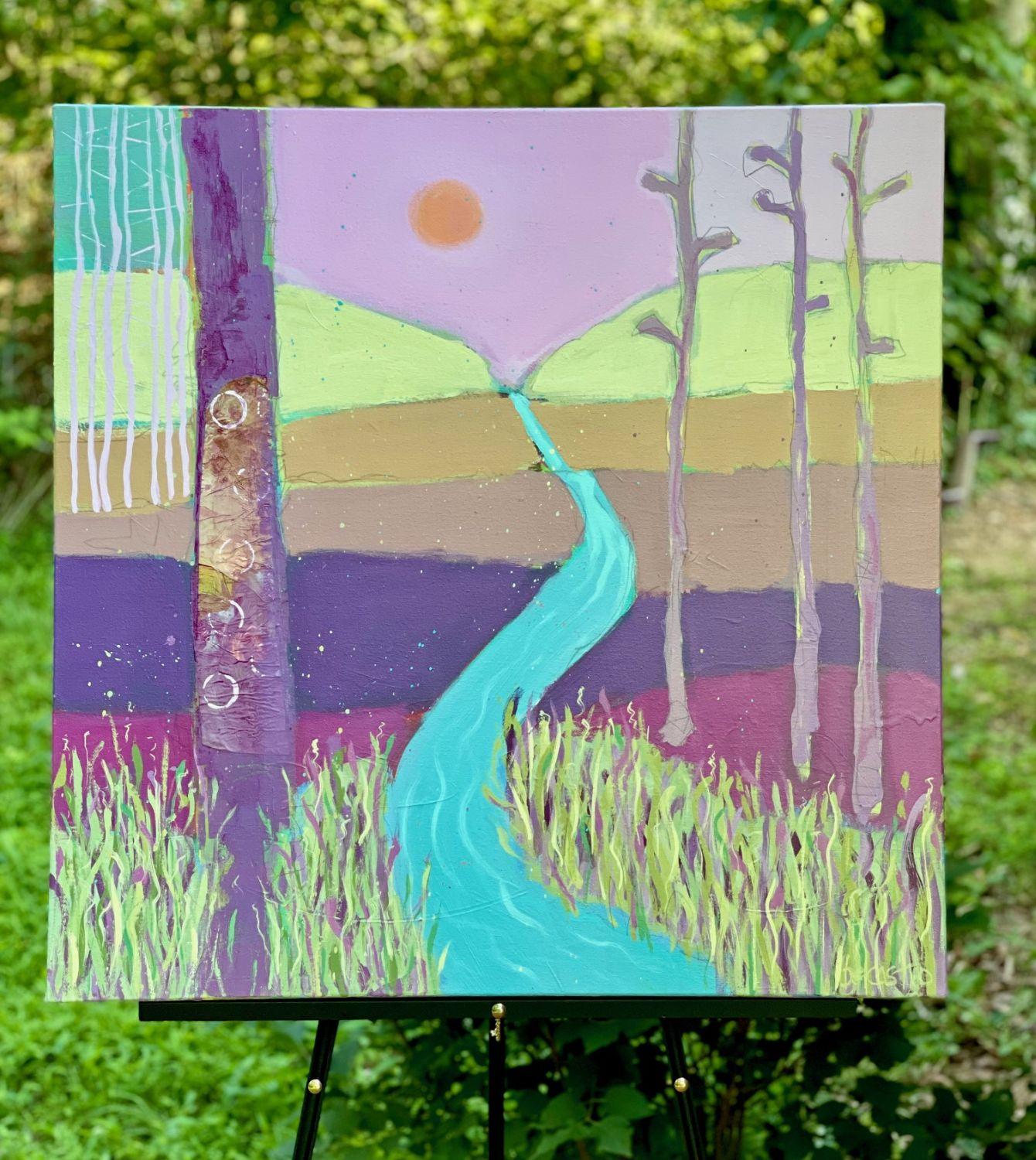 <p>Artist Comments<br />Sunlight shimmers off the stream as it winds through a colorful landscape. Tall, slender trunks frame the scene, while lush green grasses line the water's edge. Rolling hills rise under a purple sky with an orange sun. The