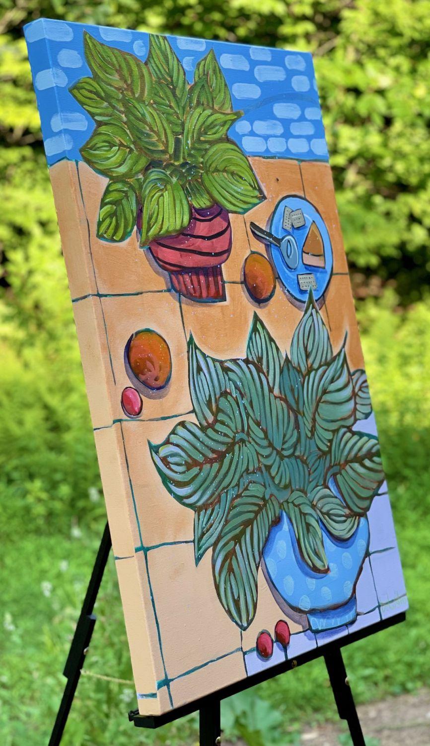 Apps on the Patio with Hostas, Original Painting - Gray Still-Life Painting by Peg Belcastro
