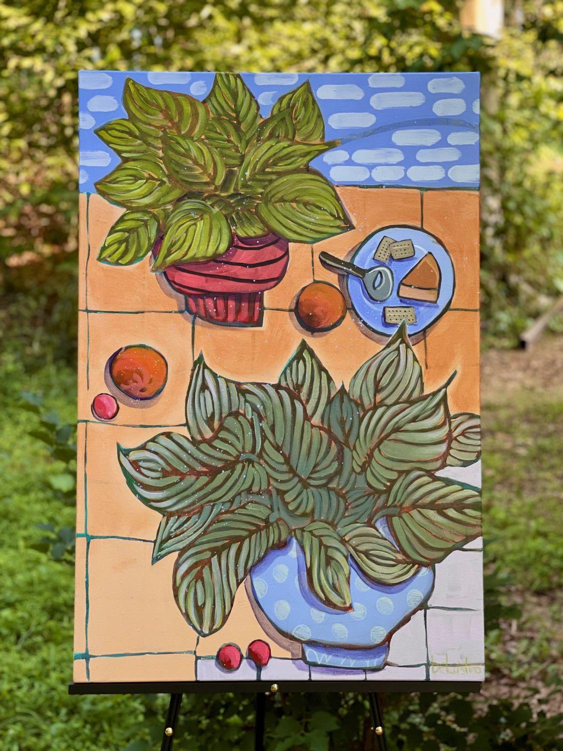 <p>Artist Comments<br />A plate of cheese, crackers, and fresh fruit makes a lovely appetizer to enjoy on the tiled patio. The blue skies with puffy white clouds provide perfect weather to be outside, where the hosta plants flourish in these