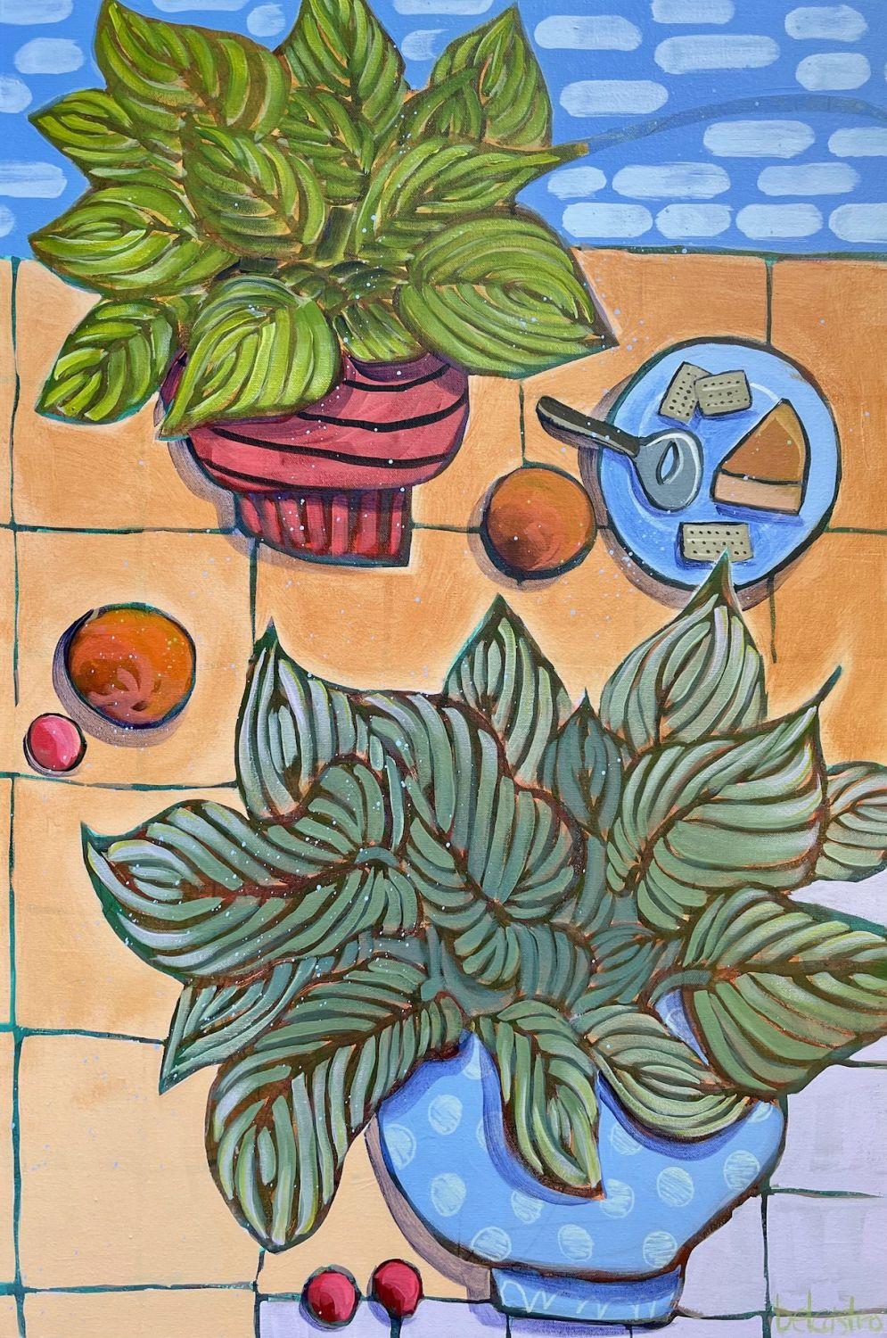 Peg Belcastro Still-Life Painting - Apps on the Patio with Hostas, Original Painting