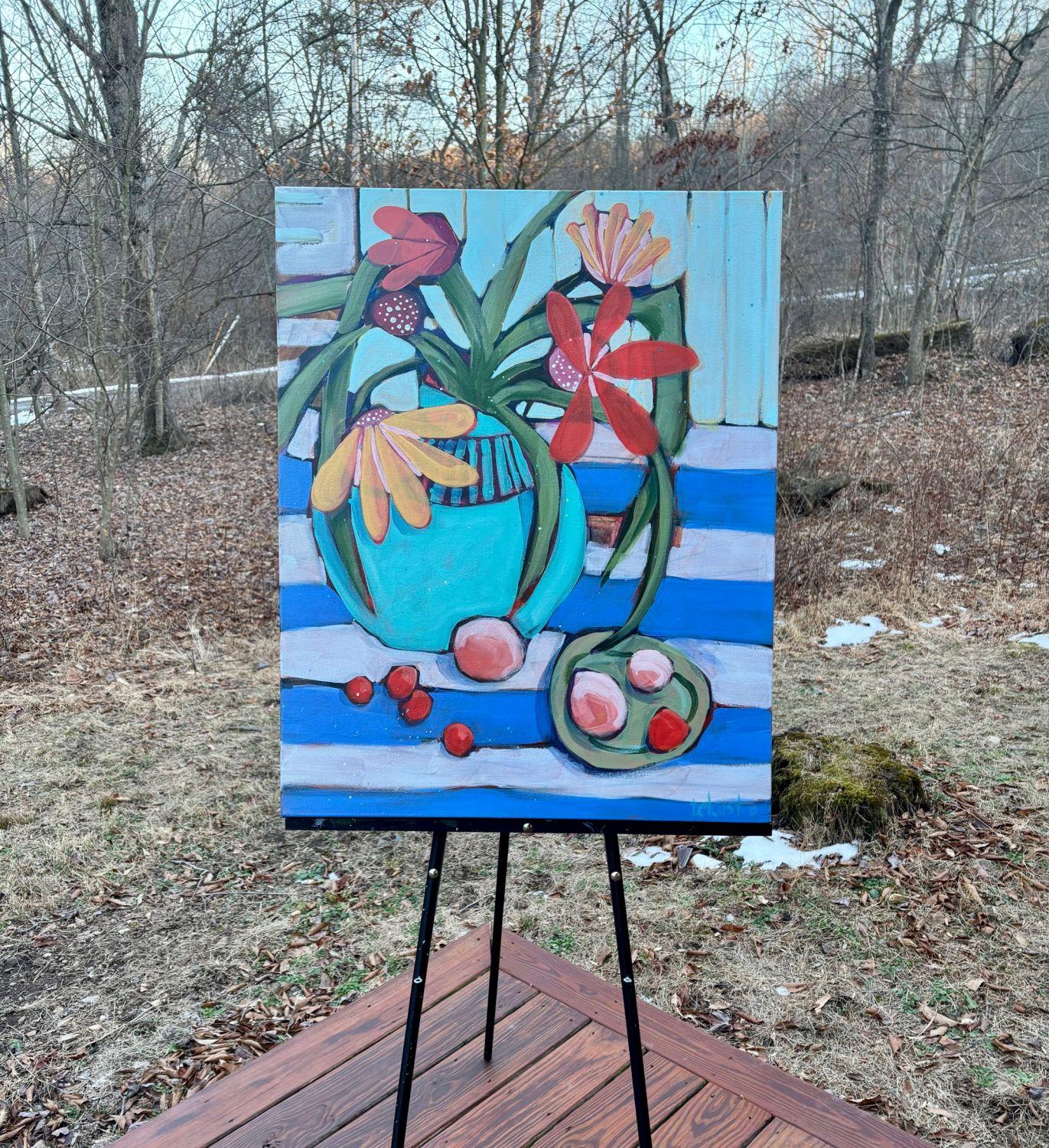 <p>Artist Comments<br />A teal vase filled with a fanciful bouquet rests on a blue and white striped tablecloth. A plate of juicy fruit invites a refreshing snack. Cool tones dominate the scene, with the warm colors of flowers and food providing