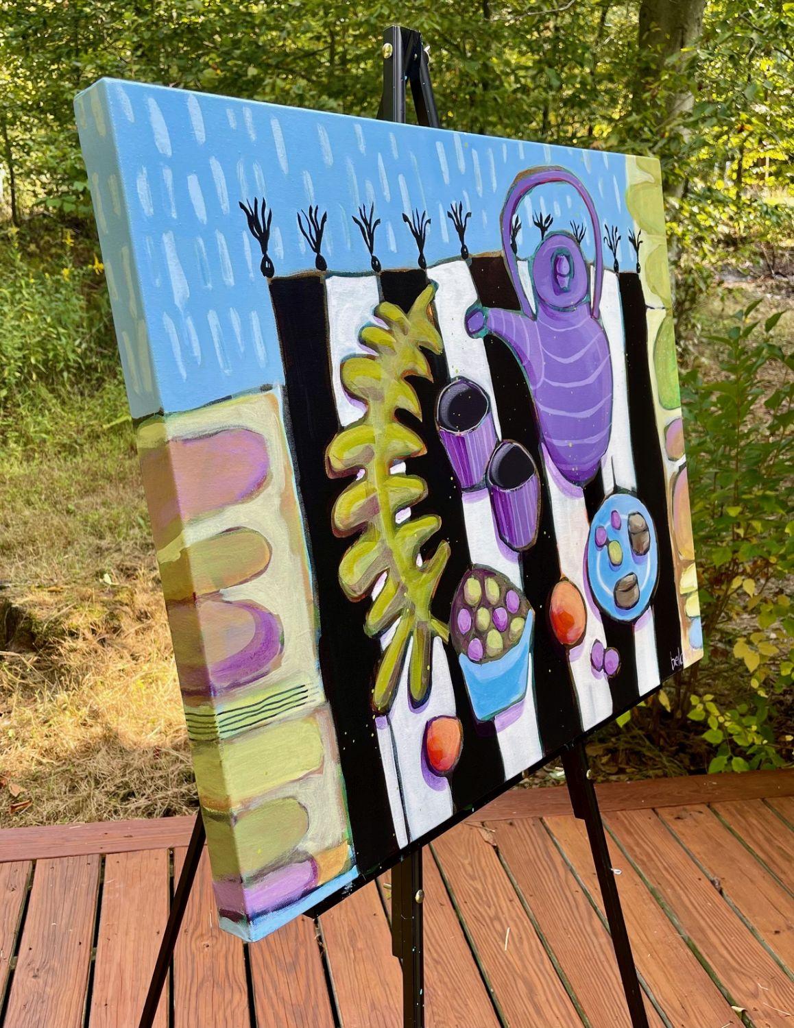 Rainy Day Tea Party, Original Painting - Gray Still-Life Painting by Peg Belcastro