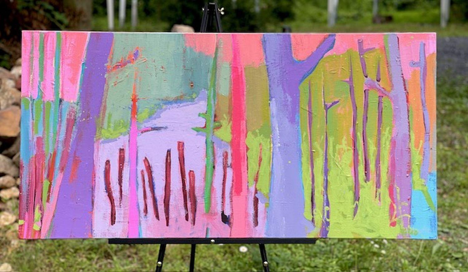 <p>Artist Comments<br />Living on a wooded five-acre parcel with a stream running through it, artist Peg Belcastro depicts the greenbriars growing along the water. They remain green all winter. Bright colors infuse the scene with delightful