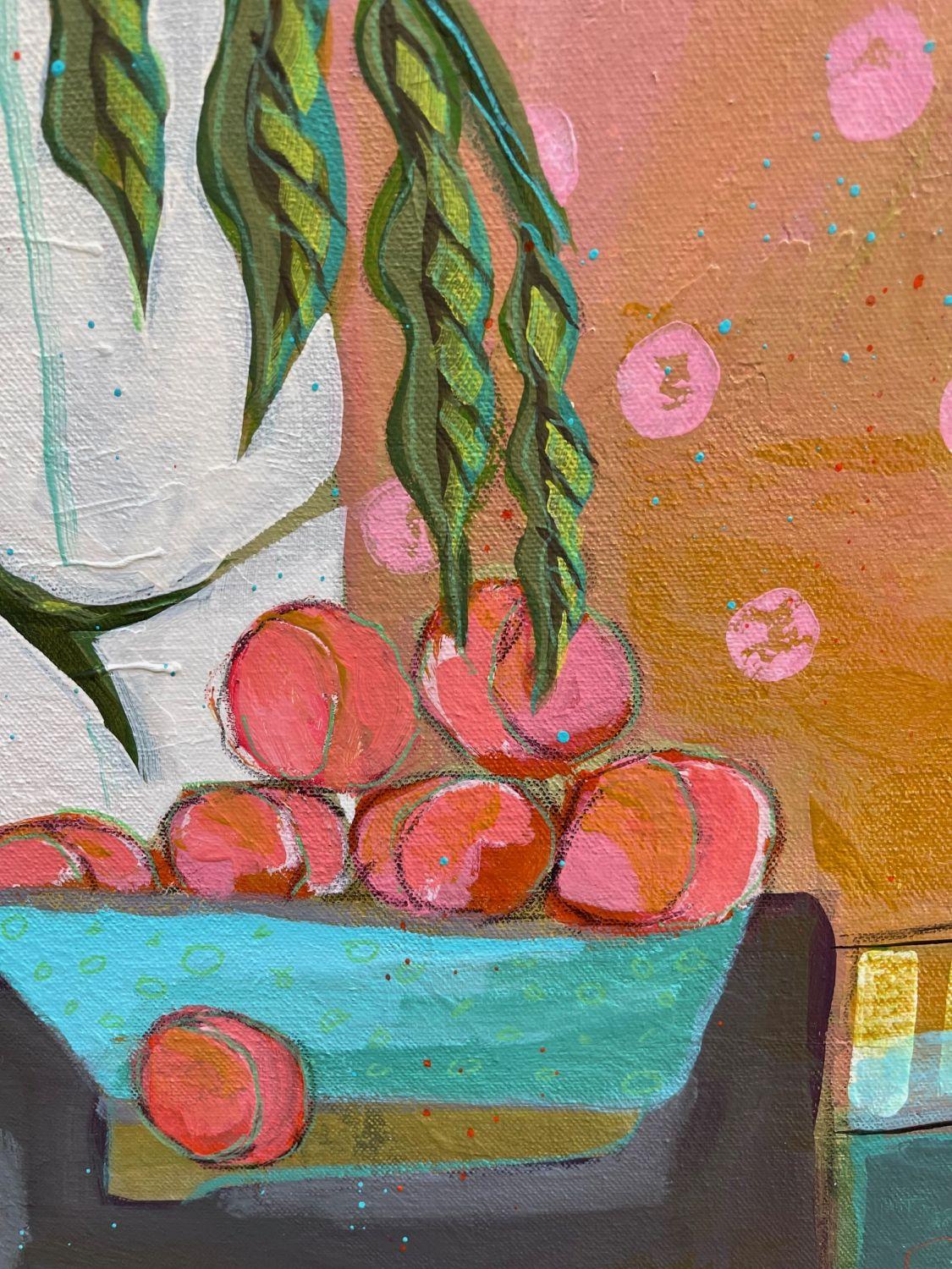 You're a Peach #2, Pittura originale - Still-Life Painting Grigio di Peg Belcastro