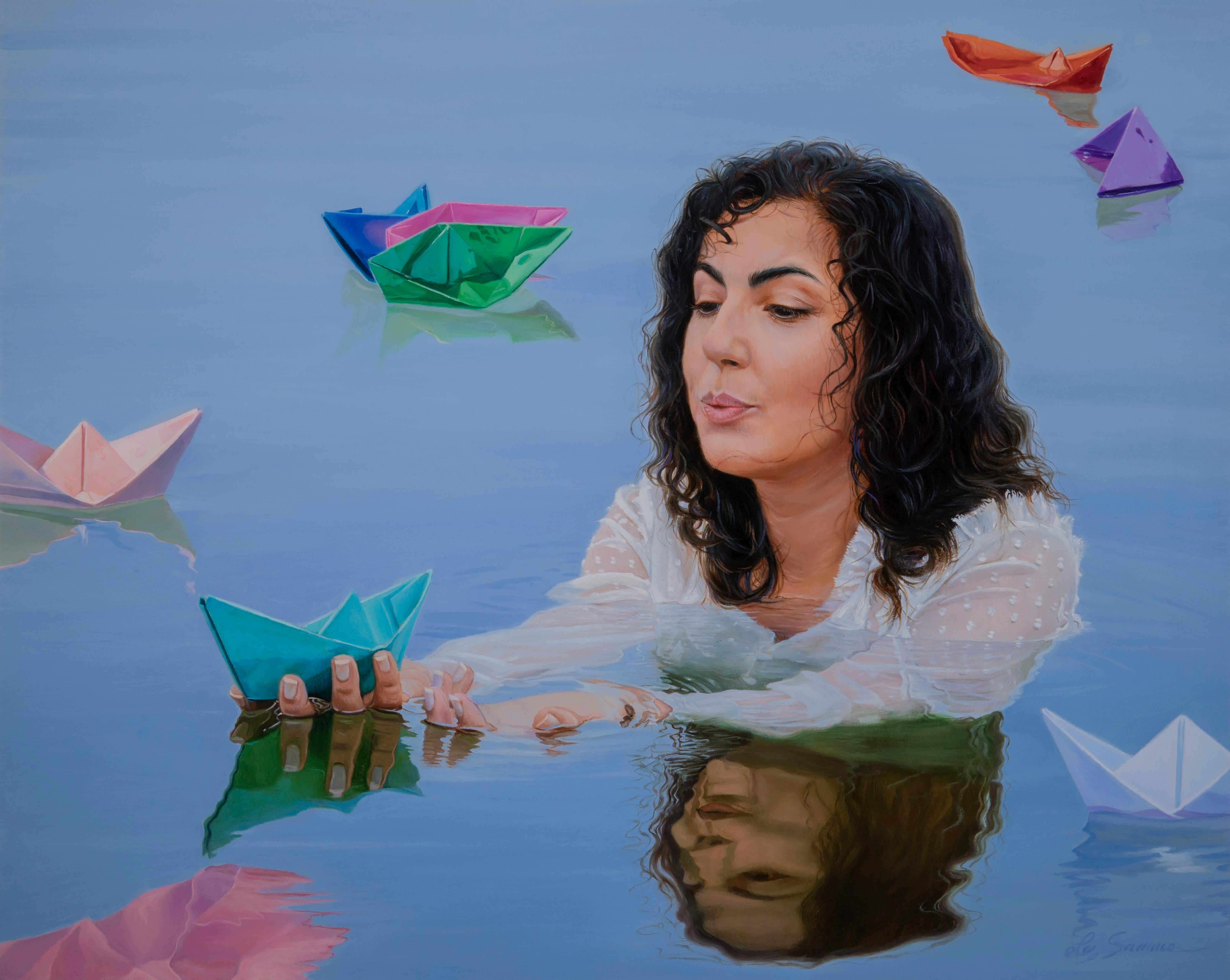Pegah Samaie Portrait Painting - "Float Away from This Land", Oil Painting