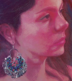 « Le bijou rose » (2022) de Pegah Samaie, peinture à l'huile originale, portrait féminin
