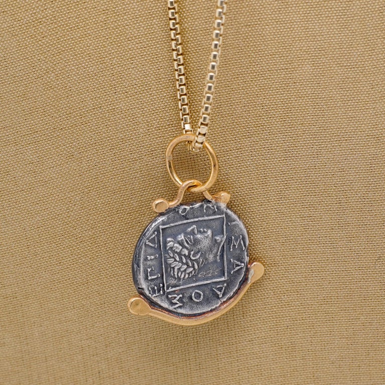 Pegasus Coin Charm Amulet with Diamonds, 24kt Gold and Silver For Sale