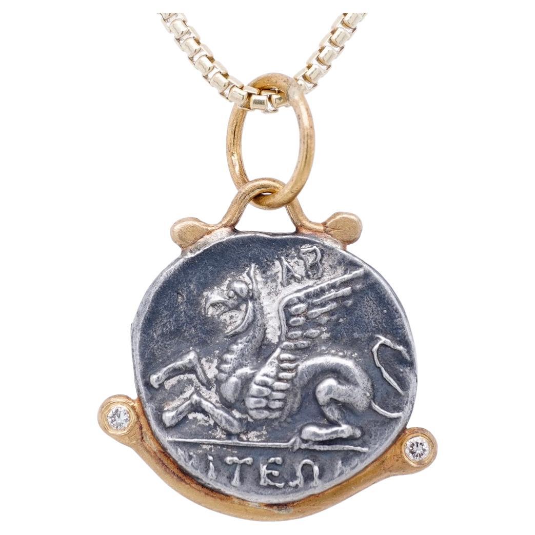 Pegasus Coin Charm Amulet with Emerald, 24kt Gold and Silver by