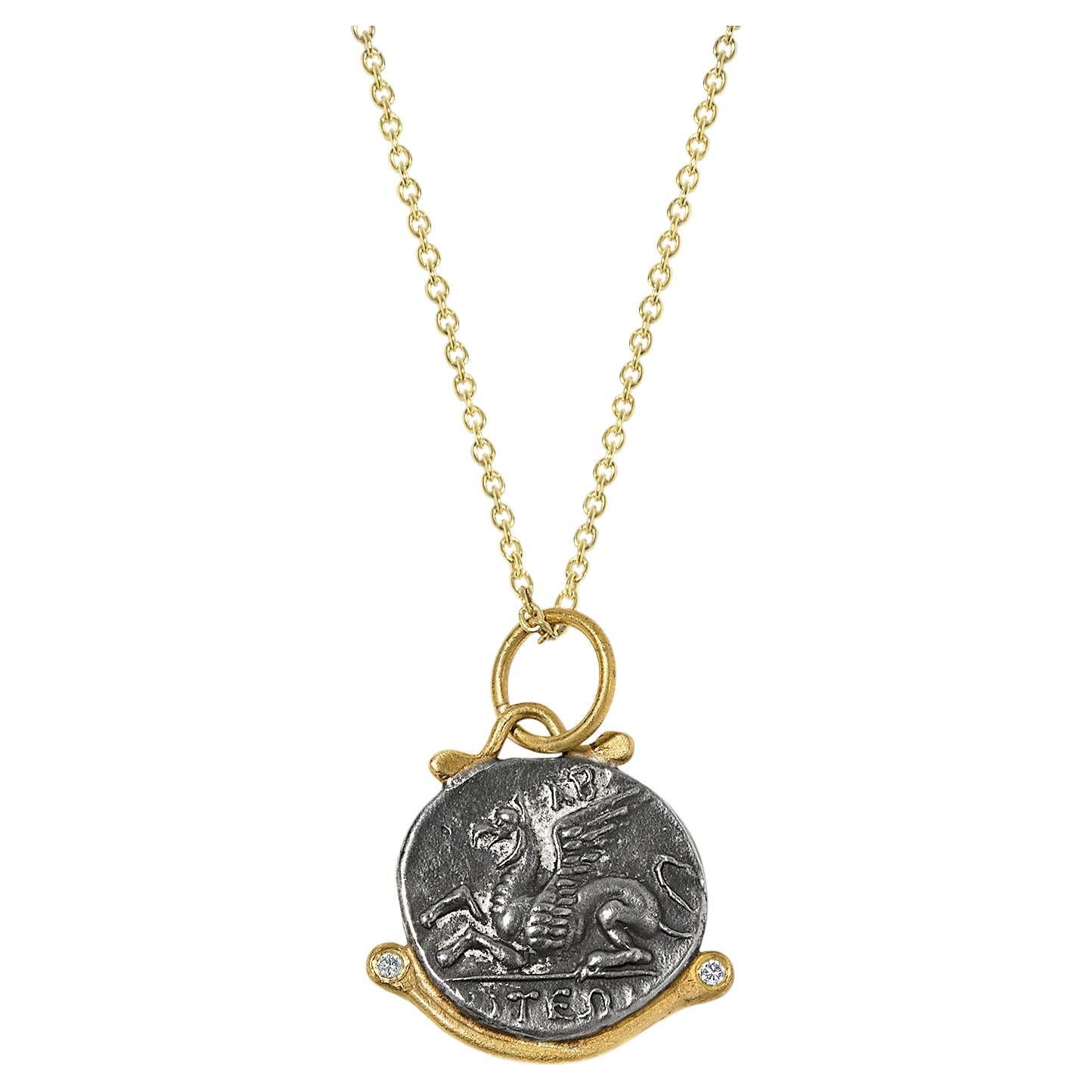 Pegasus Coin Charm Amulet with Diamonds, 24kt Gold and Silver For Sale