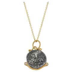 Pegasus Coin Charm Amulet with Diamonds, 24kt Gold and Silver