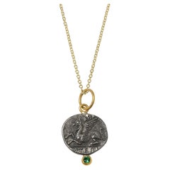 Pegasus Coin Charm Amulet with Emerald, 24kt Gold and Silver by Prehistoric Work