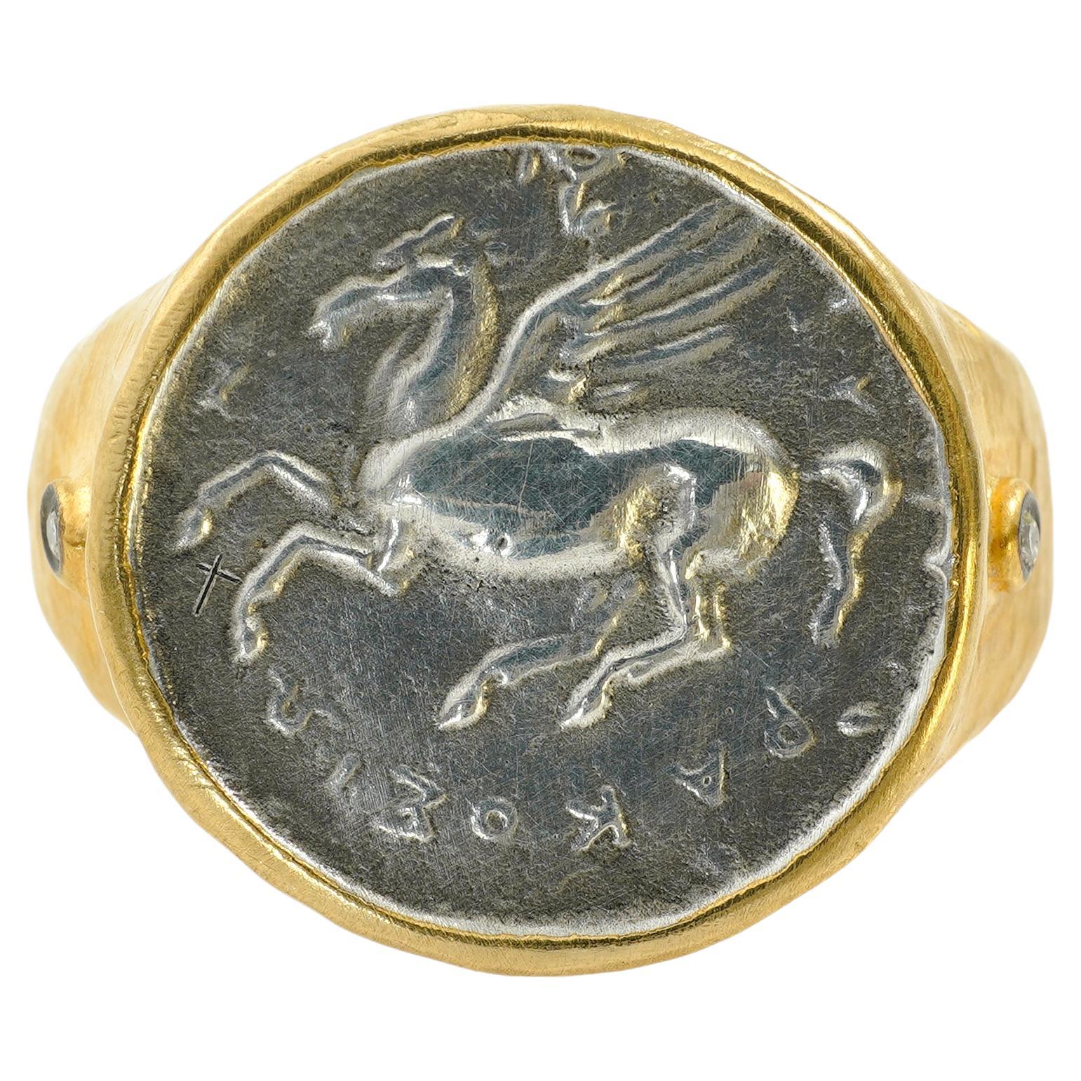 Round Cut Pegasus Coin Ring Winged Horse White Stallion, Diamonds, Comfort Fit, Zeus For Sale