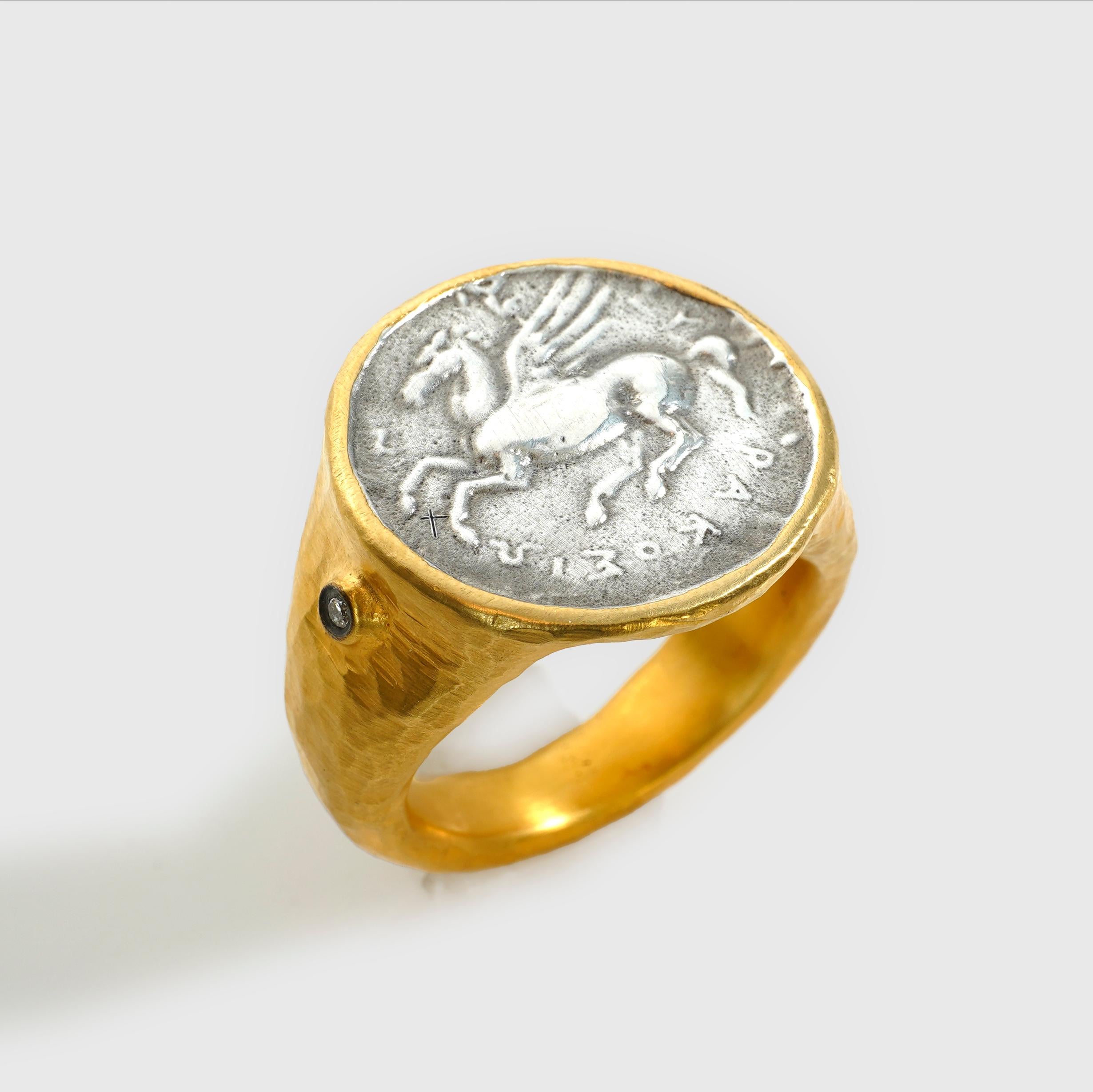 Pegasus Coin Ring Winged Horse White Stallion, Diamonds, Comfort Fit, Zeus For Sale 2