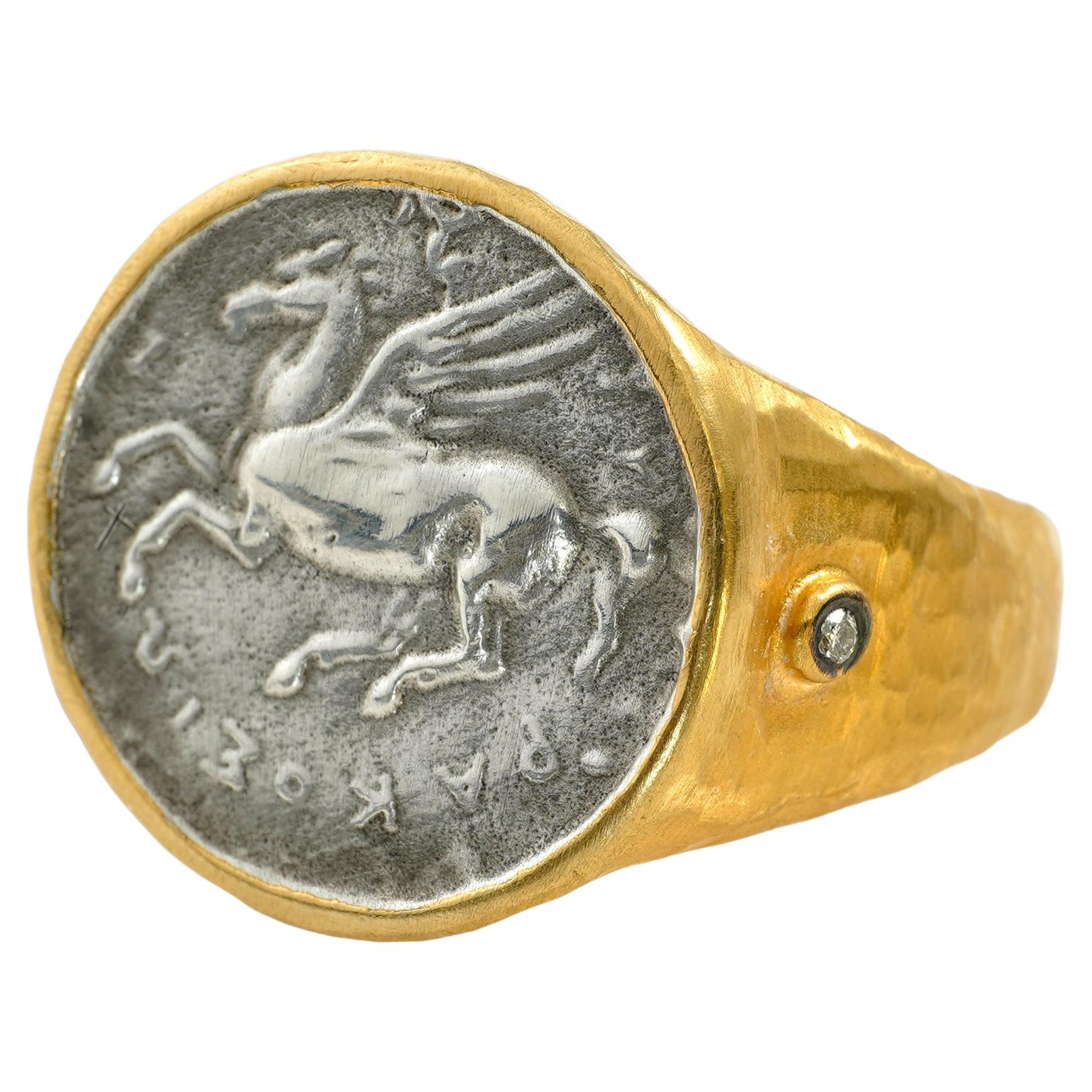 Anillo Monedas Pegaso Caballo Alado Semental Blanco, Diamantes, Ajuste Confort, Zeus