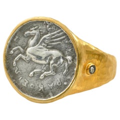 Pegasus Coin Ring Winged Horse White Stallion, Diamonds, Comfort Fit, Zeus