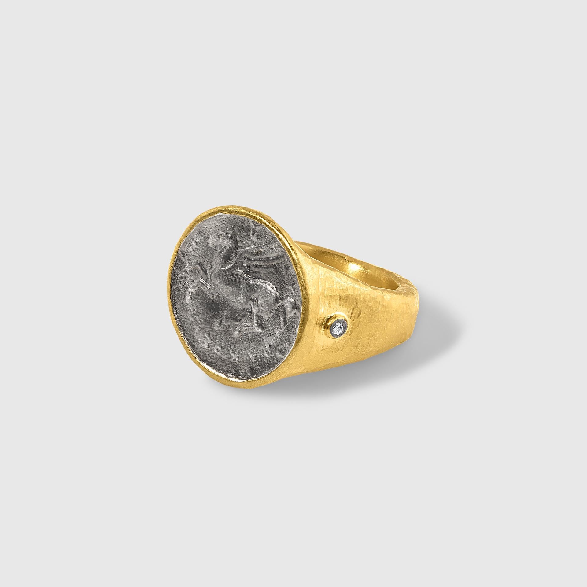 Byzantine Pegasus Coin Statement Cocktail Ring with Diamonds 24kt Yellow Gold and Silver B For Sale