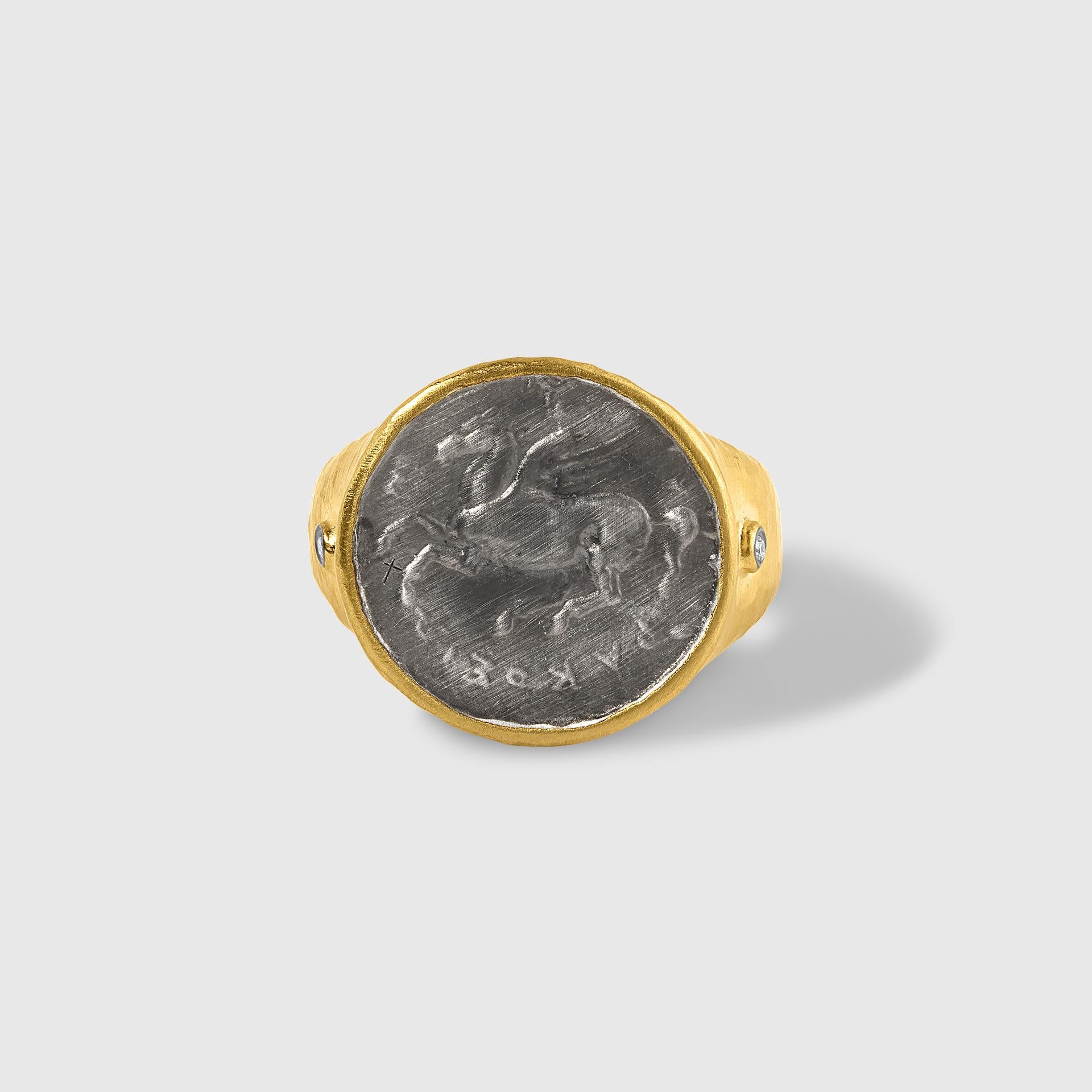 Round Cut Pegasus Coin Statement Cocktail Ring with Diamonds 24kt Yellow Gold and Silver B For Sale