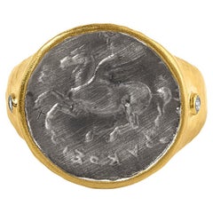 Pegasus Coin Statement Cocktail Ring with Diamonds 24kt Yellow Gold and Silver B