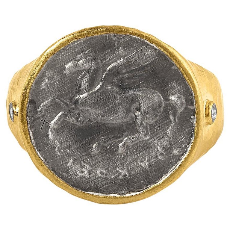 Pegasus Coin Statement Cocktail Ring with Diamonds 24kt Yellow Gold and ...