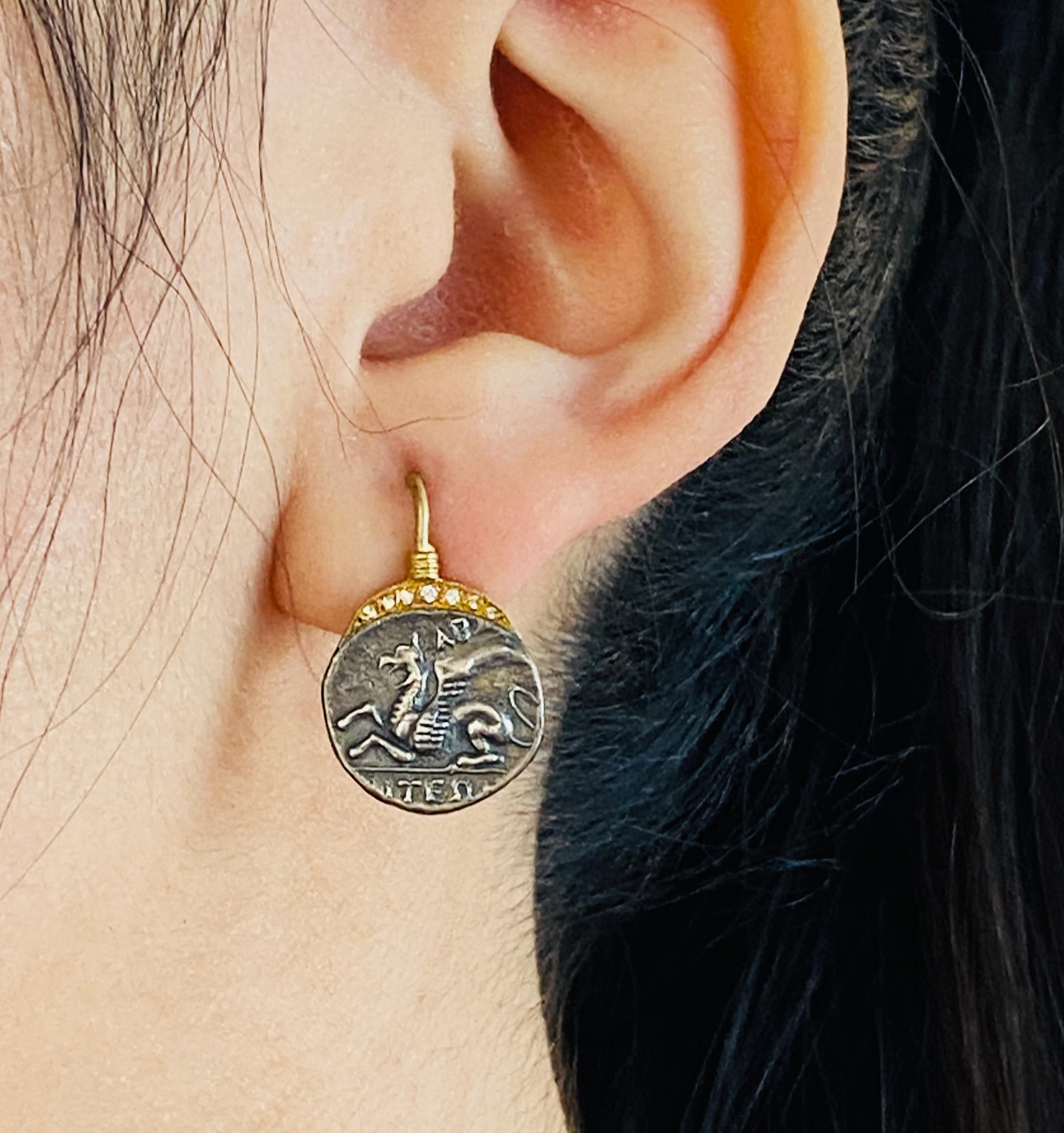 Greek Revival Pegasus Diamond Coin Earrings, 0.04 ct, 24K Yellow Gold and Sterling Silver