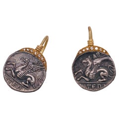 Pegasus Diamond Coin Earrings, 0.04 ct, 24K Yellow Gold and Sterling Silver