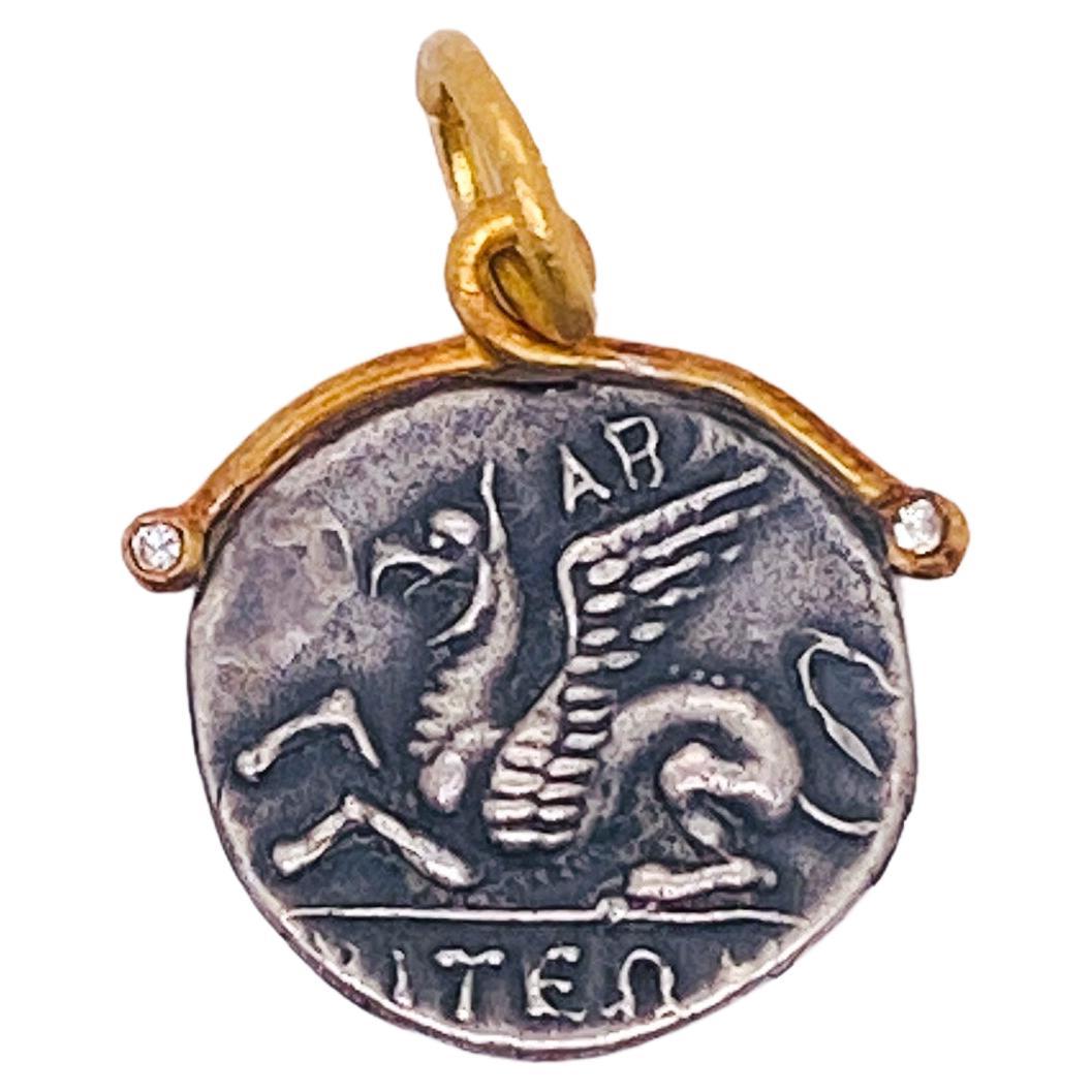 Pegasus Diamond Coin Pendant 0.02 ct, 24K Yellow Gold and Sterling Silver Charm