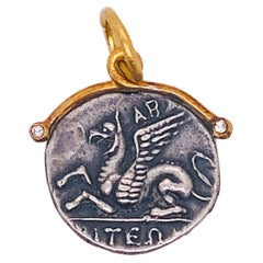 Pegasus Diamond Coin Pendant 0.02 ct, 24K Yellow Gold and Sterling Silver Charm