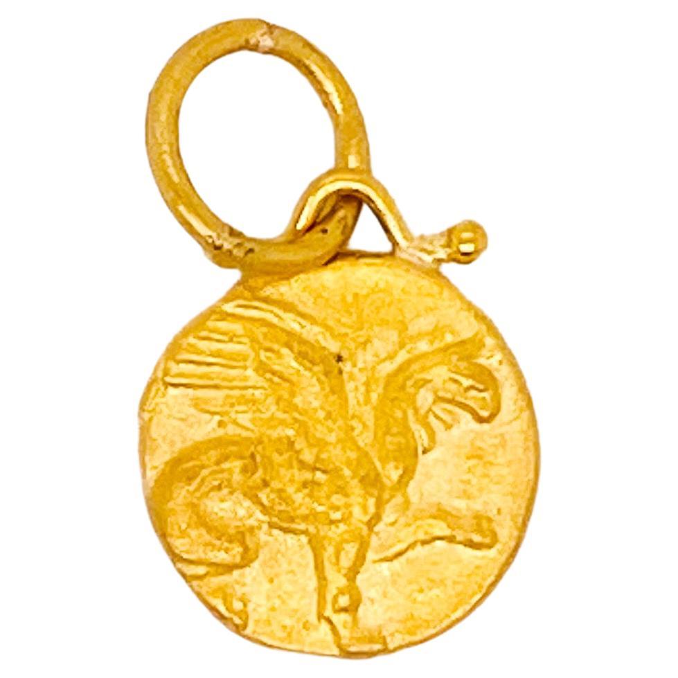 Pegasus Horse Greek-Inspired Coin Style Pendant Charm in 24k Yellow Gold For Sale