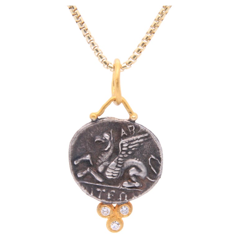 Pegasus Replica Coin Charm Pendant With Diamonds 24k Gold And Silver