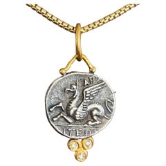 Pegasus Replica Coin Charm Pendant with Diamonds 24K Gold and Silver Necklace