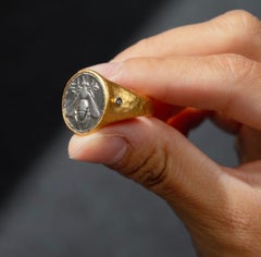 Ancient White Winged Greek Mythology Pegasus Replica Coin Ring 24K Gold Diamonds