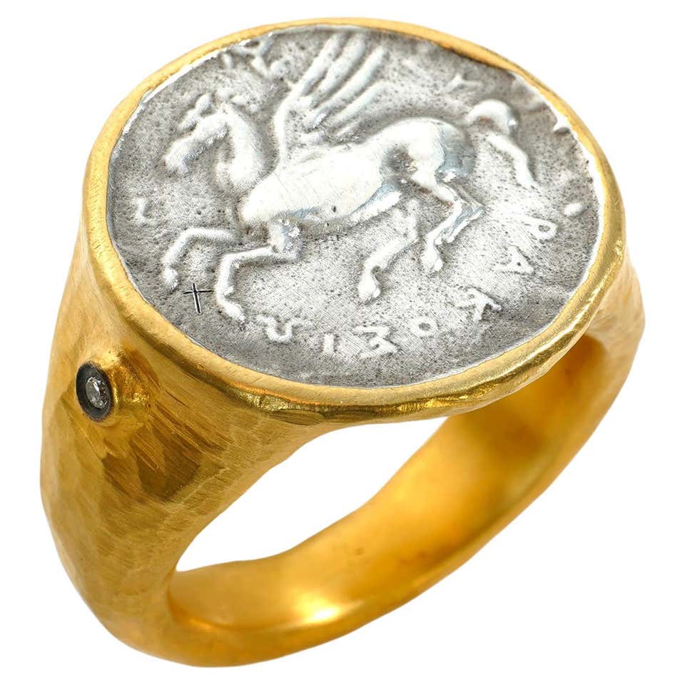 Ancient, Sterling Bee Coin Dome Comfort Fit Ring w/ Diamonds Hammered ...