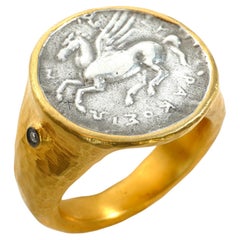 Pegasus, Winged Horse White Stallion Coin Ring w/ Diamonds, Comfort Fit