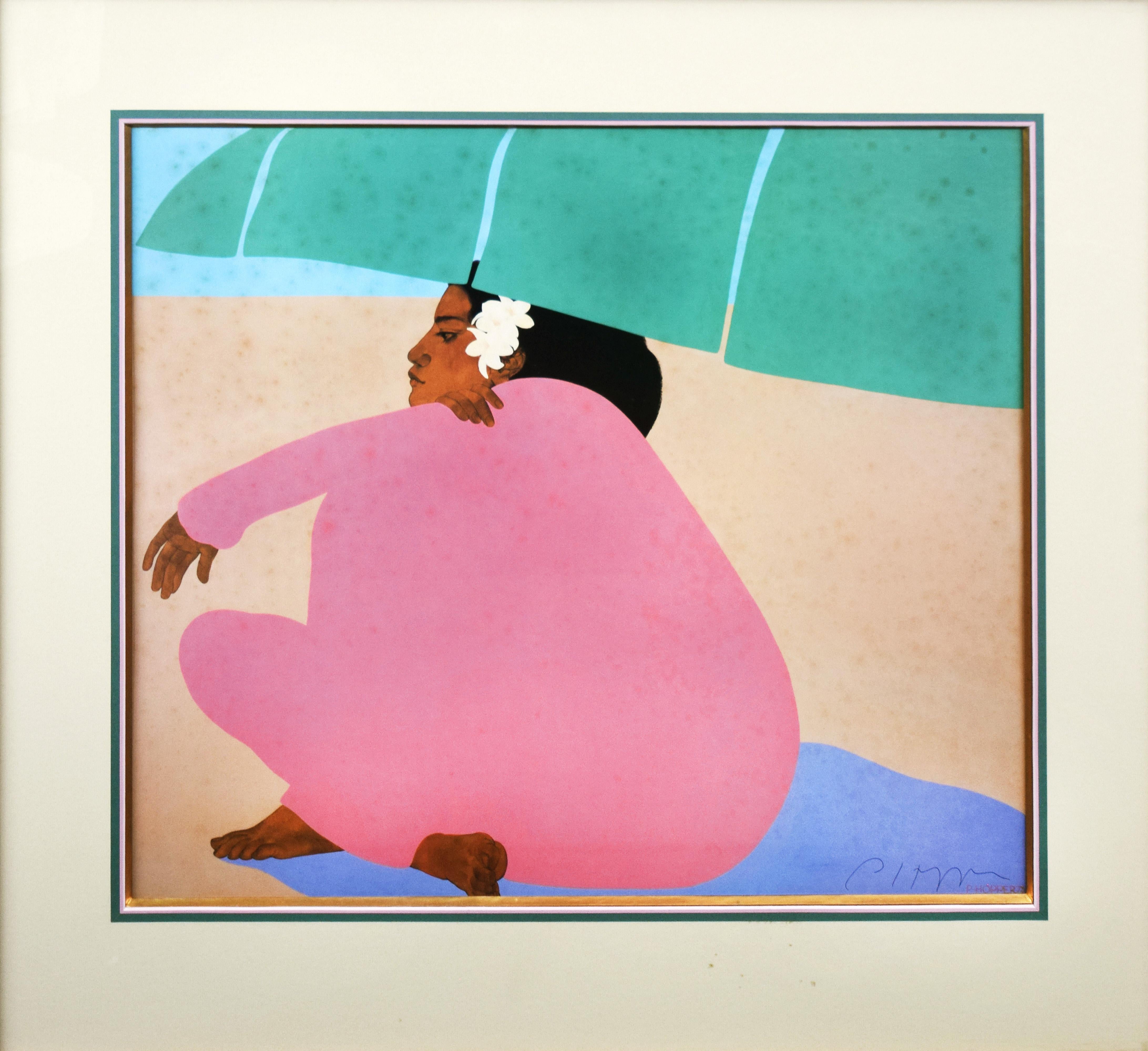 Hawaiian Woman At The Beach 1978 Signed and Dated Serigraph - Print by Pegge Hopper 